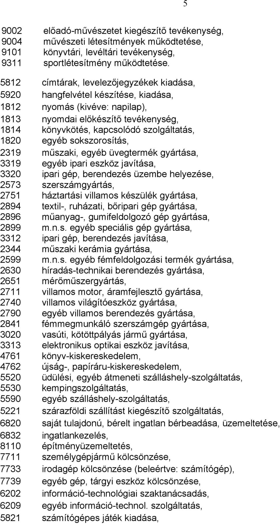 egyéb sokszorosítás, 2319 3319 3320 2573 2751 2894 2896 2899 3312 2344 2599 2630 2651 2711 2740 2790 2841 3020 3313 4761 4762 5520 műszaki, egyéb üvegtermék gyártása, egyéb ipari eszköz javítása,