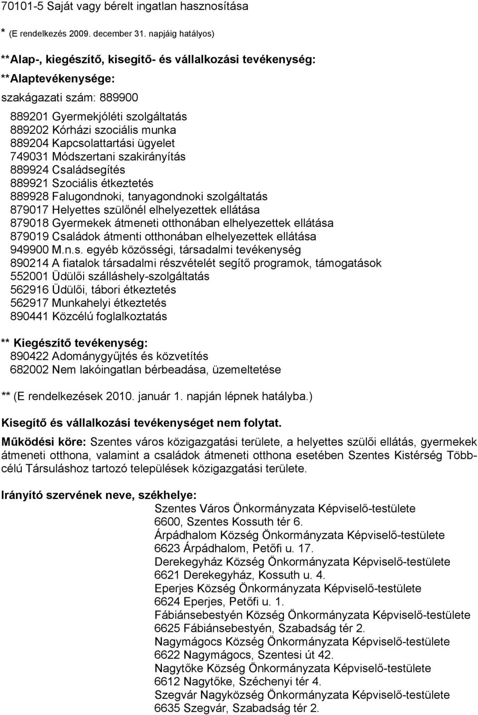 Kapcsolattartási ügyelet 749031 Módszertani szakirányítás 889924 Családsegítés 889921 Szociális étkeztetés 889928 Falugondnoki, tanyagondnoki szolgáltatás 879017 Helyettes szülőnél elhelyezettek