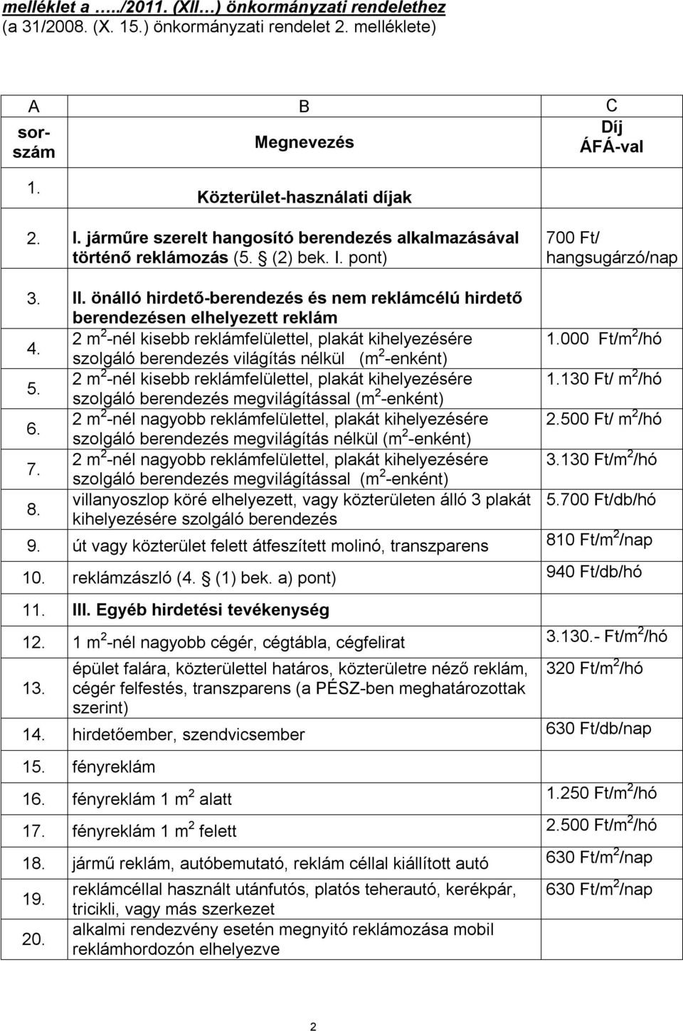 önálló hirdető-berendezés és nem reklámcélú hirdető berendezésen elhelyezett reklám 4. 2 m 2 -nél kisebb reklámfelülettel, plakát kihelyezésére 1.