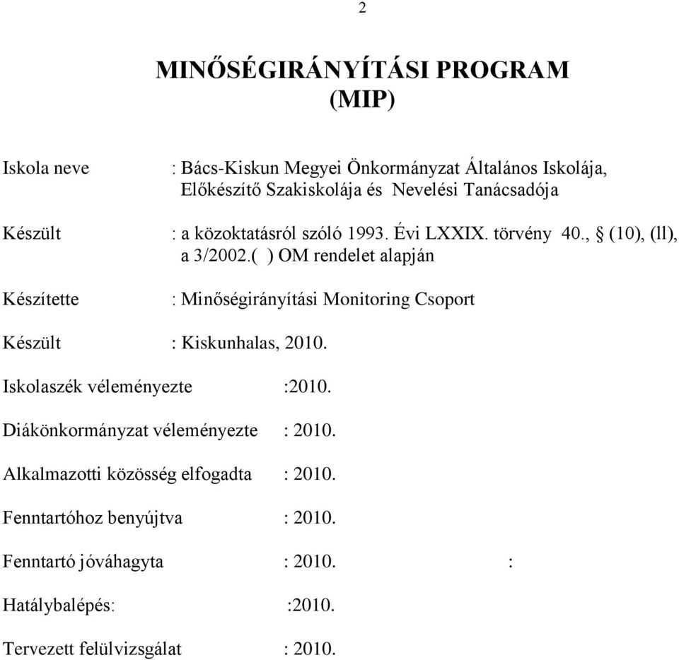 ( ) OM rendelet alapján : Minőségirányítási Monitoring Csoport Készült : Kiskunhalas, 2010. Iskolaszék véleményezte :2010.