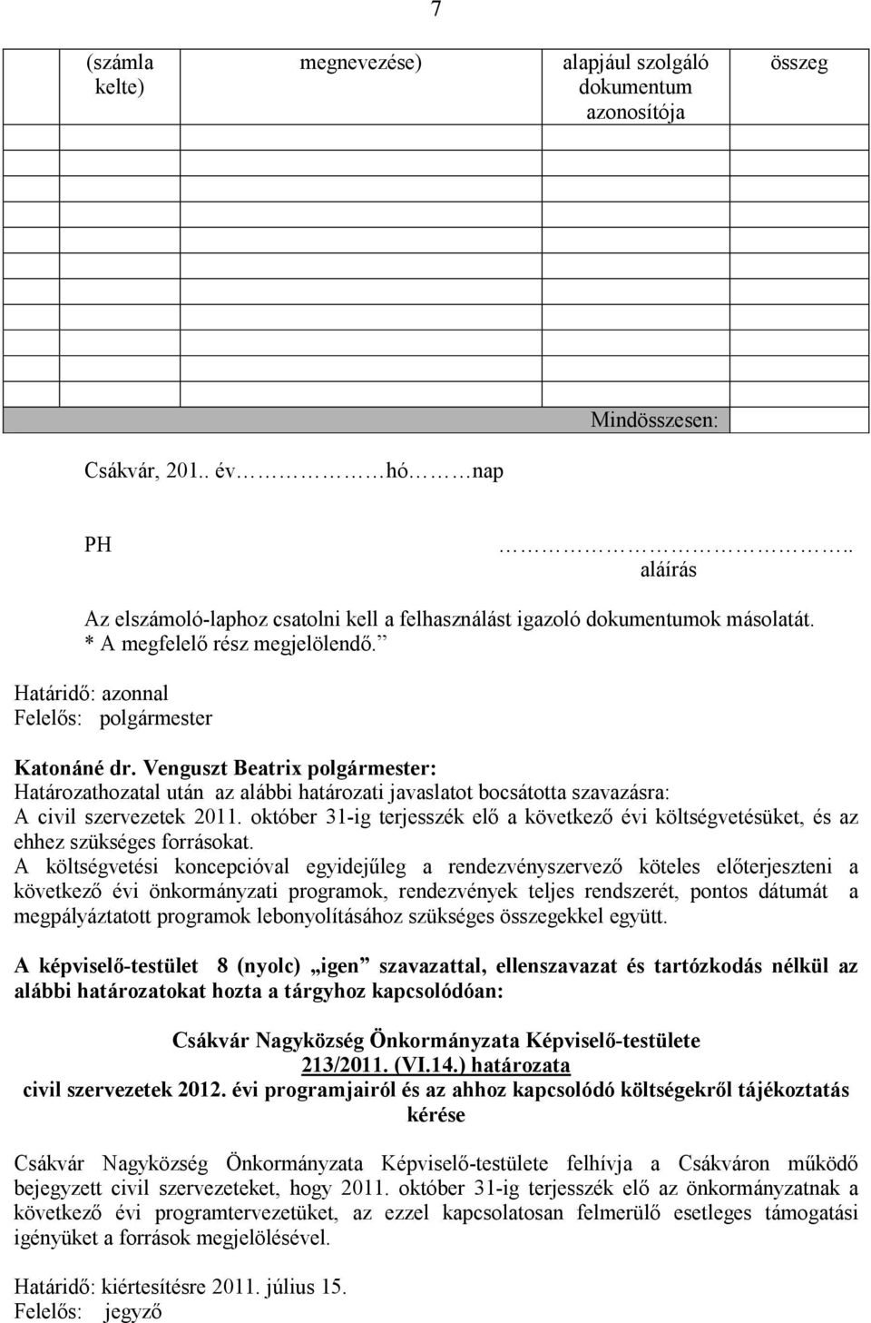 Határidı: azonnal Felelıs: polgármester Határozathozatal után az alábbi határozati javaslatot bocsátotta szavazásra: A civil szervezetek 2011.