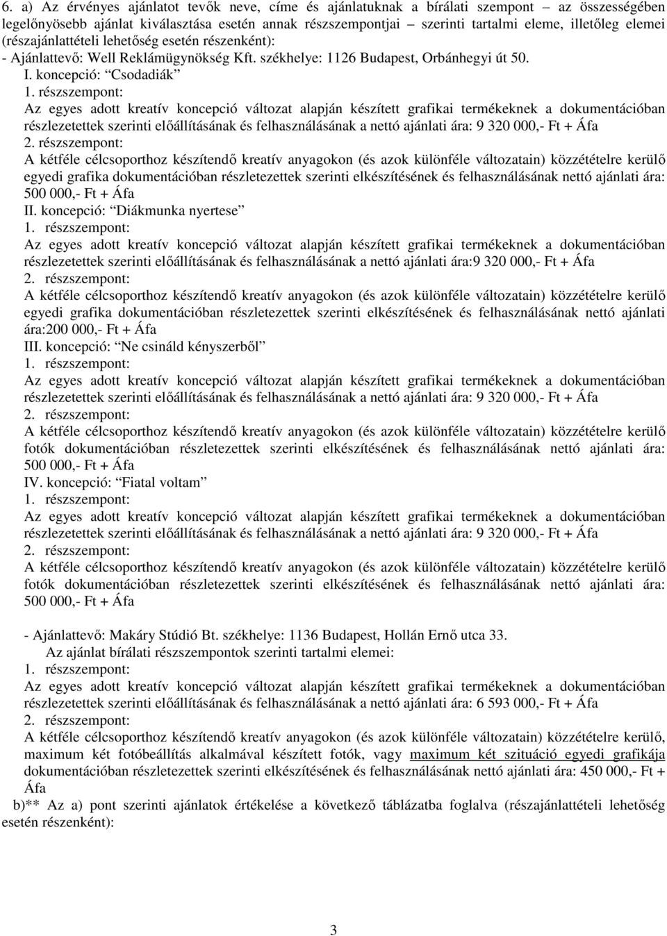 koncepció: Csodadiák részlezetettek szerinti elıállításának és felhasználásának a nettó ajánlati ára: 9 320 000,- Ft + Áfa egyedi grafika dokumentációban részletezettek szerinti elkészítésének és