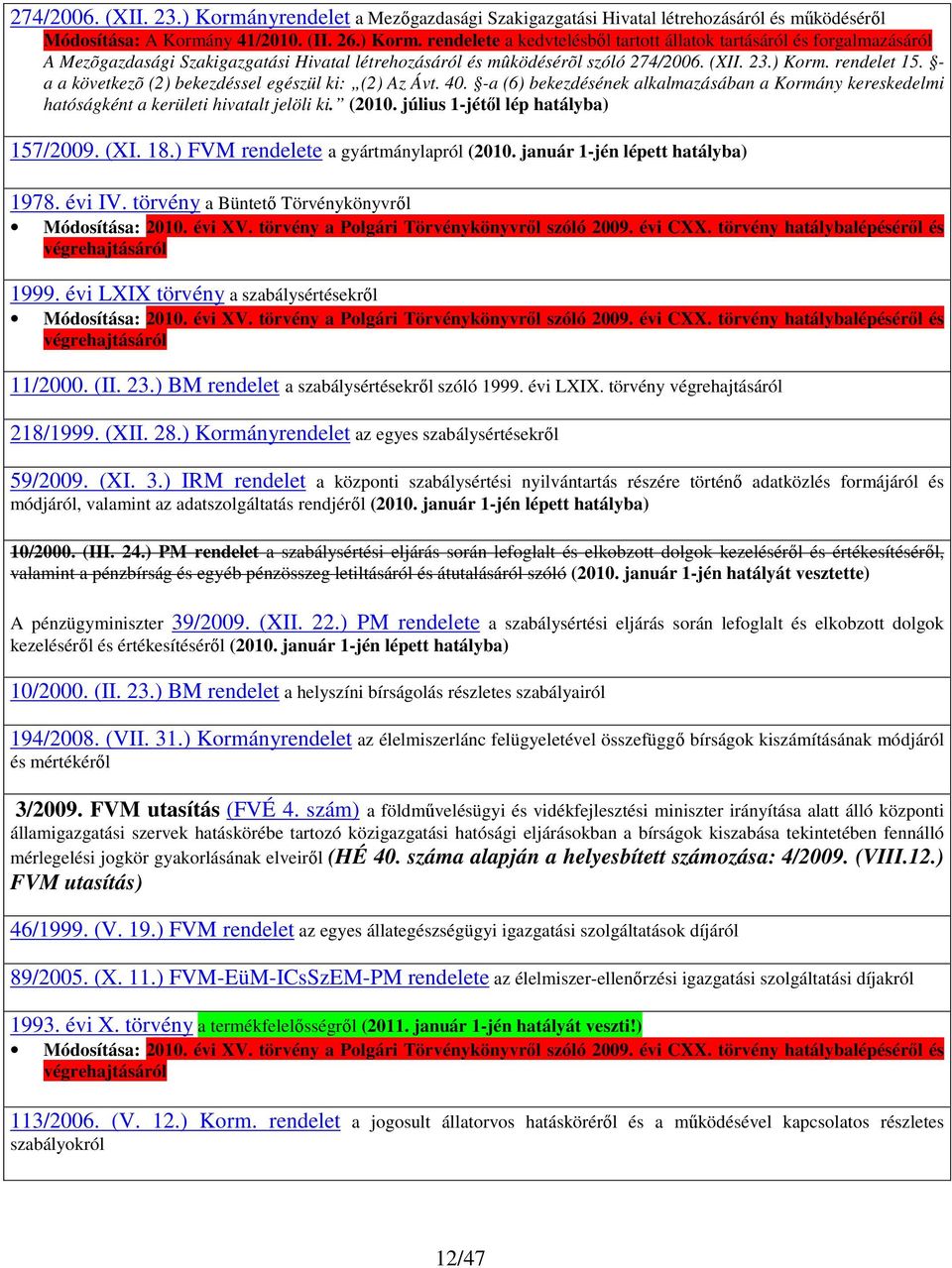 július 1-jétől lép hatályba) 157/2009. (XI. 18.) FVM rendelete a gyártmánylapról (2010. január 1-jén lépett hatályba) 1978. évi IV. törvény a Büntető Törvénykönyvről Módosítása: 2010. évi XV.