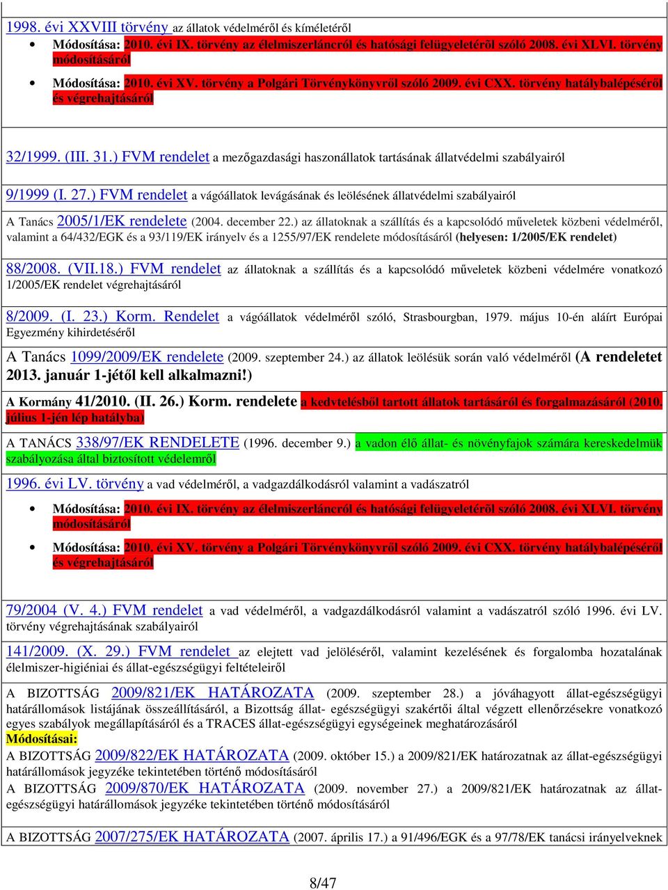 ) FVM rendelet a mezőgazdasági haszonállatok tartásának állatvédelmi szabályairól 9/1999 (I. 27.