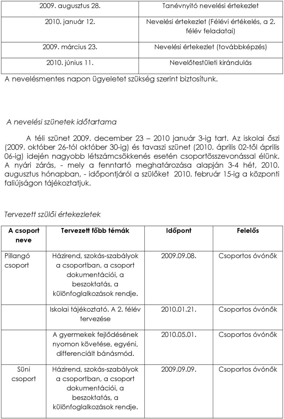 október 26-tól október 30-ig) és tavaszi szünet (2010. április 02-tıl április 06-ig) idején nagyobb létszámcsökkenés esetén csoportösszevonással élünk.