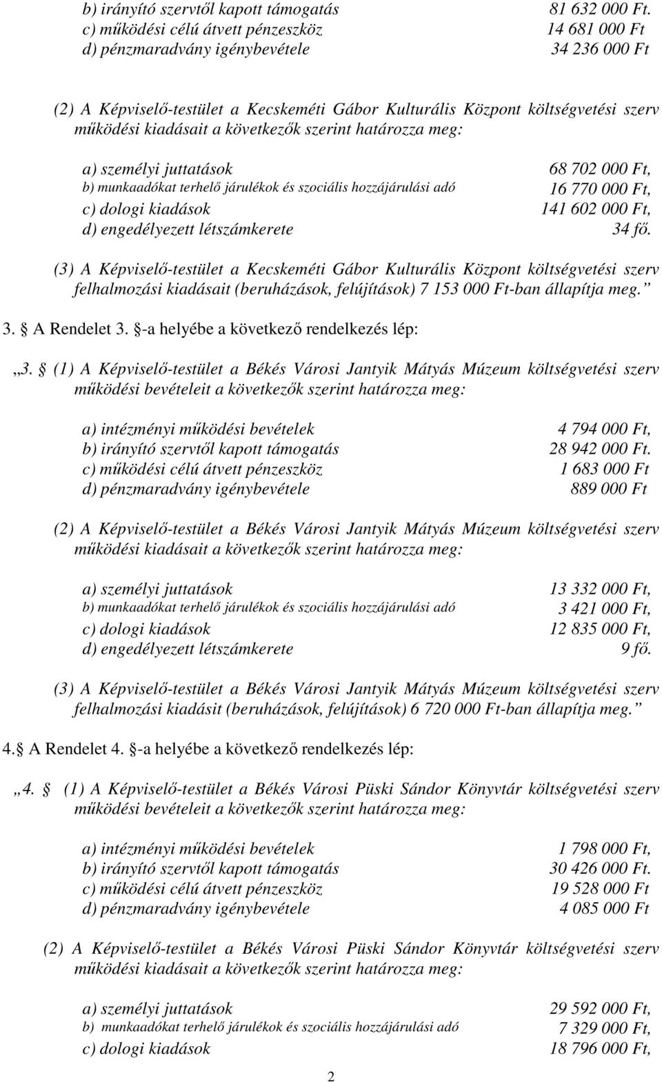 következők szerint határozza meg: a) személyi juttatások 68 702 000 Ft, b) munkaadókat terhelő járulékok és szociális hozzájárulási adó 16 770 000 Ft, c) dologi kiadások 141 602 000 Ft, d)