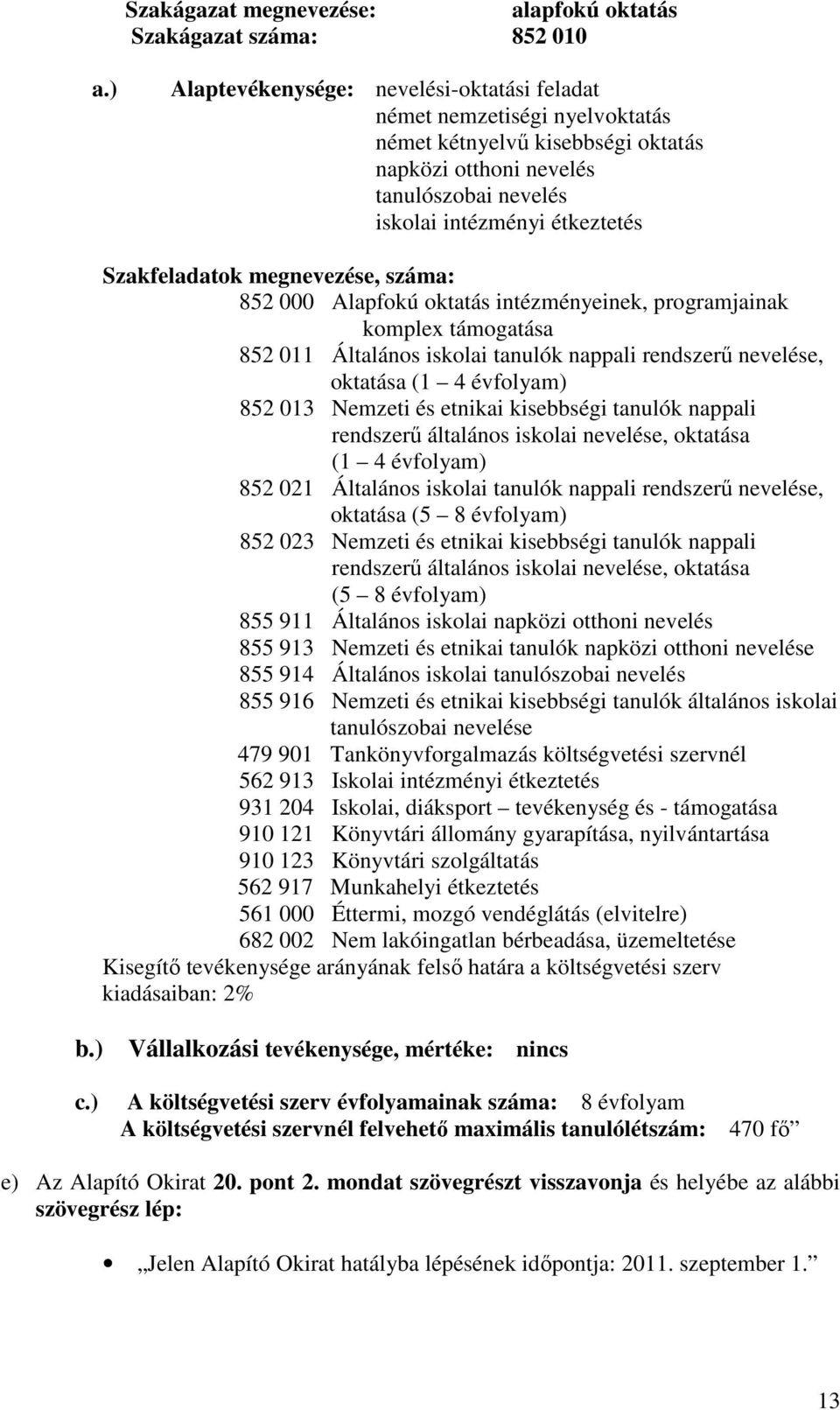 Szakfeladatok megnevezése, száma: 852 000 Alapfokú oktatás intézményeinek, programjainak komplex támogatása 852 011 Általános iskolai tanulók nappali rendszerő nevelése, oktatása (1 4 évfolyam) 852