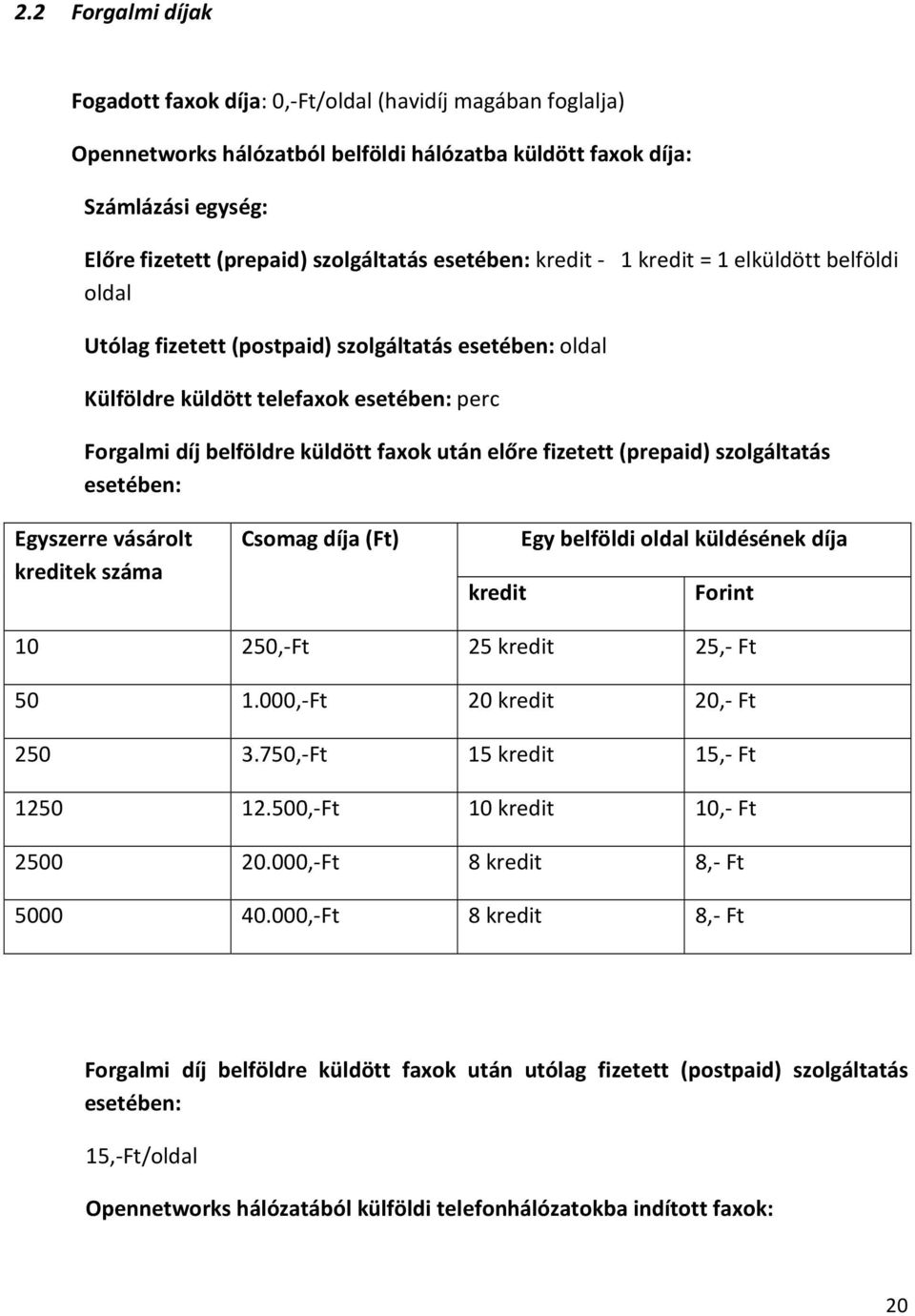 előre fizetett (prepaid) szolgáltatás esetében: Egyszerre vásárolt kreditek száma Csomag díja (Ft) kredit Egy belföldi oldal küldésének díja Forint 10 250,-Ft 25 kredit 25,- Ft 50 1.