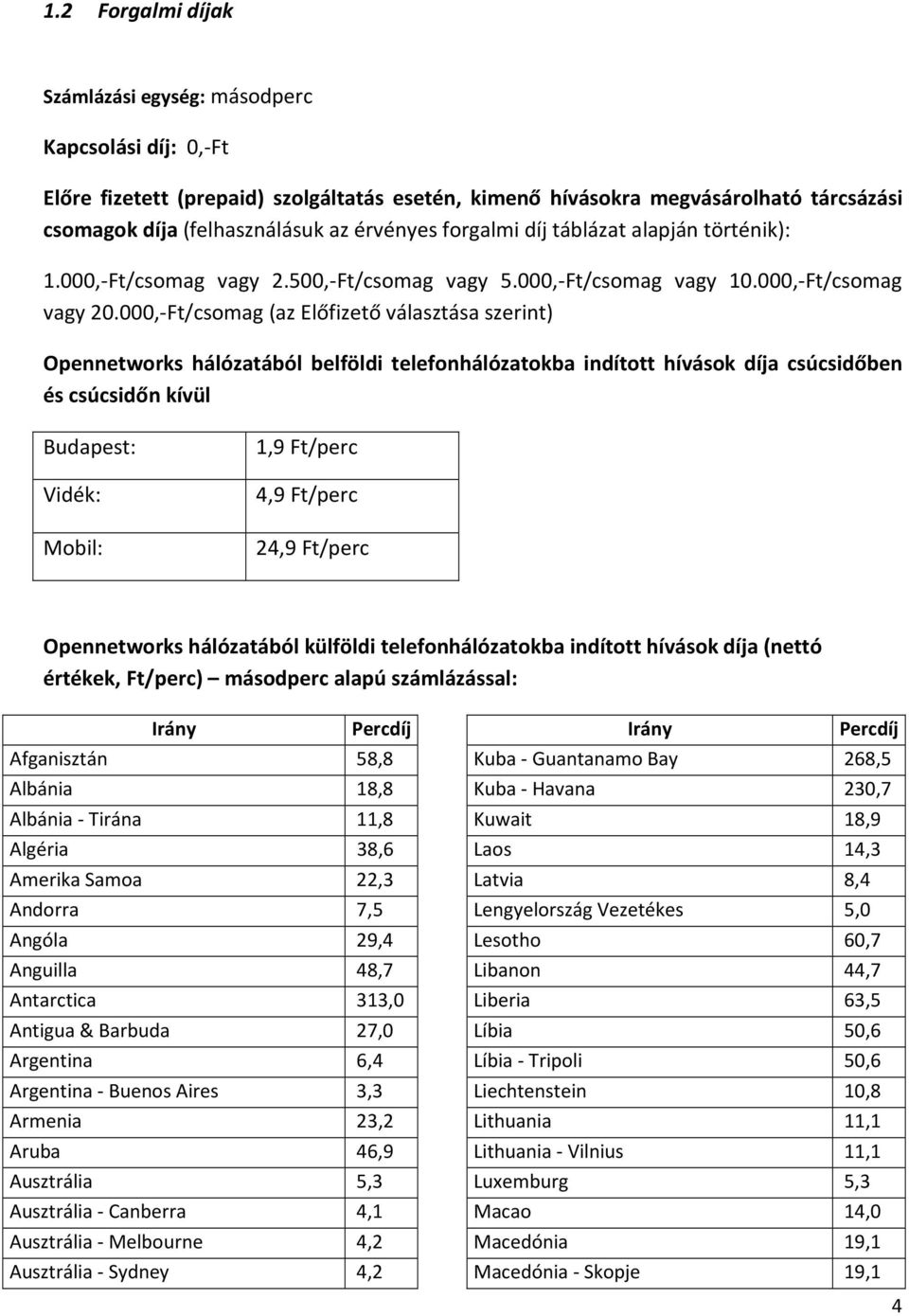 000,-Ft/csomag (az Előfizető választása szerint) Opennetworks hálózatából belföldi telefonhálózatokba indított hívások díja csúcsidőben és csúcsidőn kívül Budapest: Vidék: Mobil: 1,9 Ft/perc 4,9