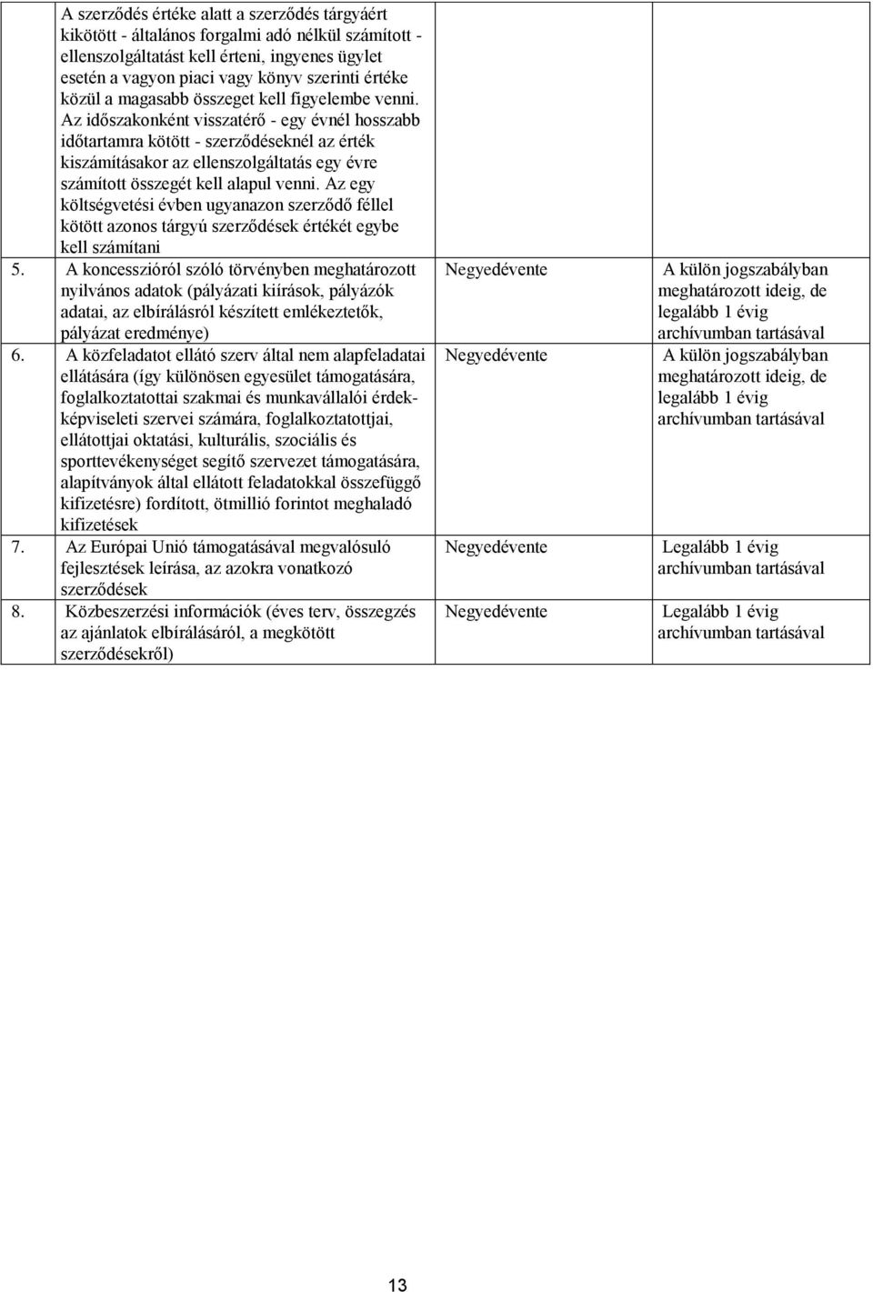 Az időszakonként visszatérő - egy évnél hosszabb időtartamra kötött - szerződéseknél az érték kiszámításakor az ellenszolgáltatás egy évre számított összegét kell alapul venni.