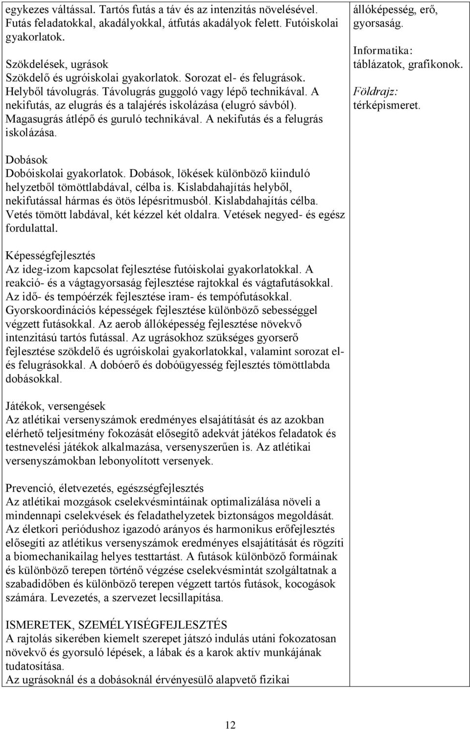 A nekifutás, az elugrás és a talajérés iskolázása (elugró sávból). Magasugrás átlépő és guruló technikával. A nekifutás és a felugrás iskolázása. állóképesség, erő, gyorsaság.