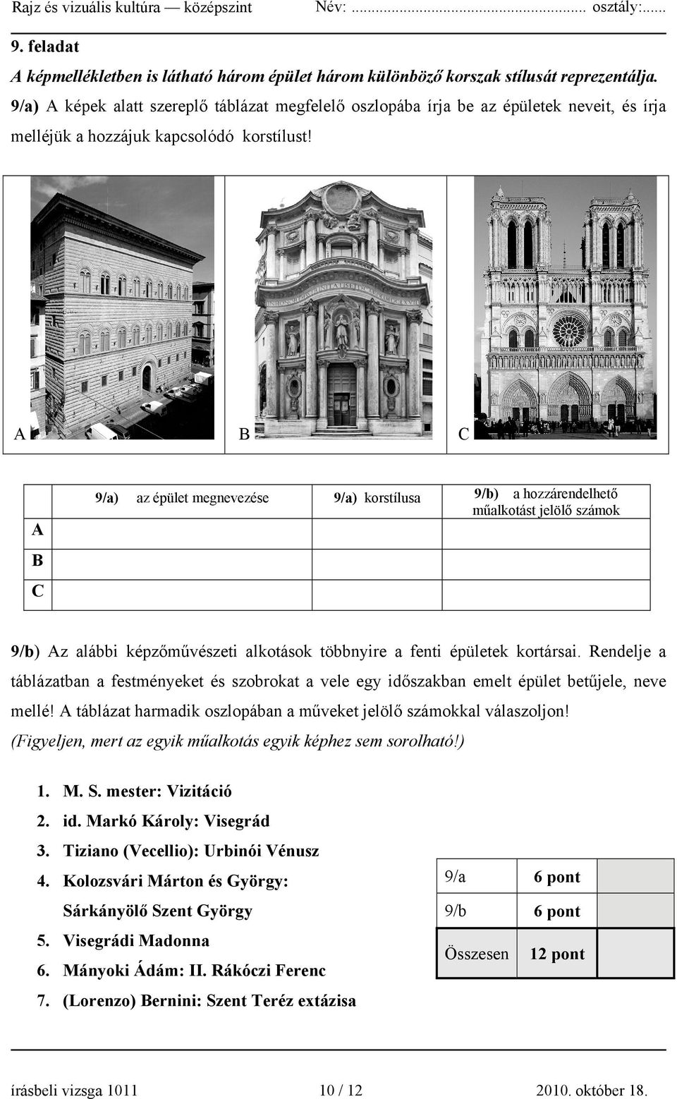 A B C A B C 9/a) az épület megnevezése 9/a) korstílusa 9/b) a hozzárendelhető műalkotást jelölő számok 9/b) Az alábbi képzőművészeti alkotások többnyire a fenti épületek kortársai.