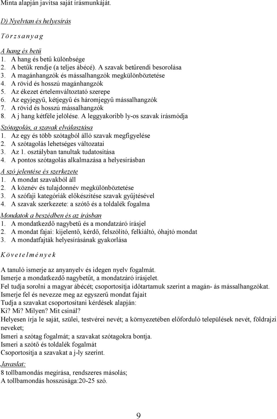 A rövid és hosszú mássalhangzók 8. A j hang kétféle jelölése. A leggyakoribb ly-os szavak írásmódja Szótagolás, a szavak elválasztása 1. Az egy és több szótagból álló szavak megfigyelése 2.