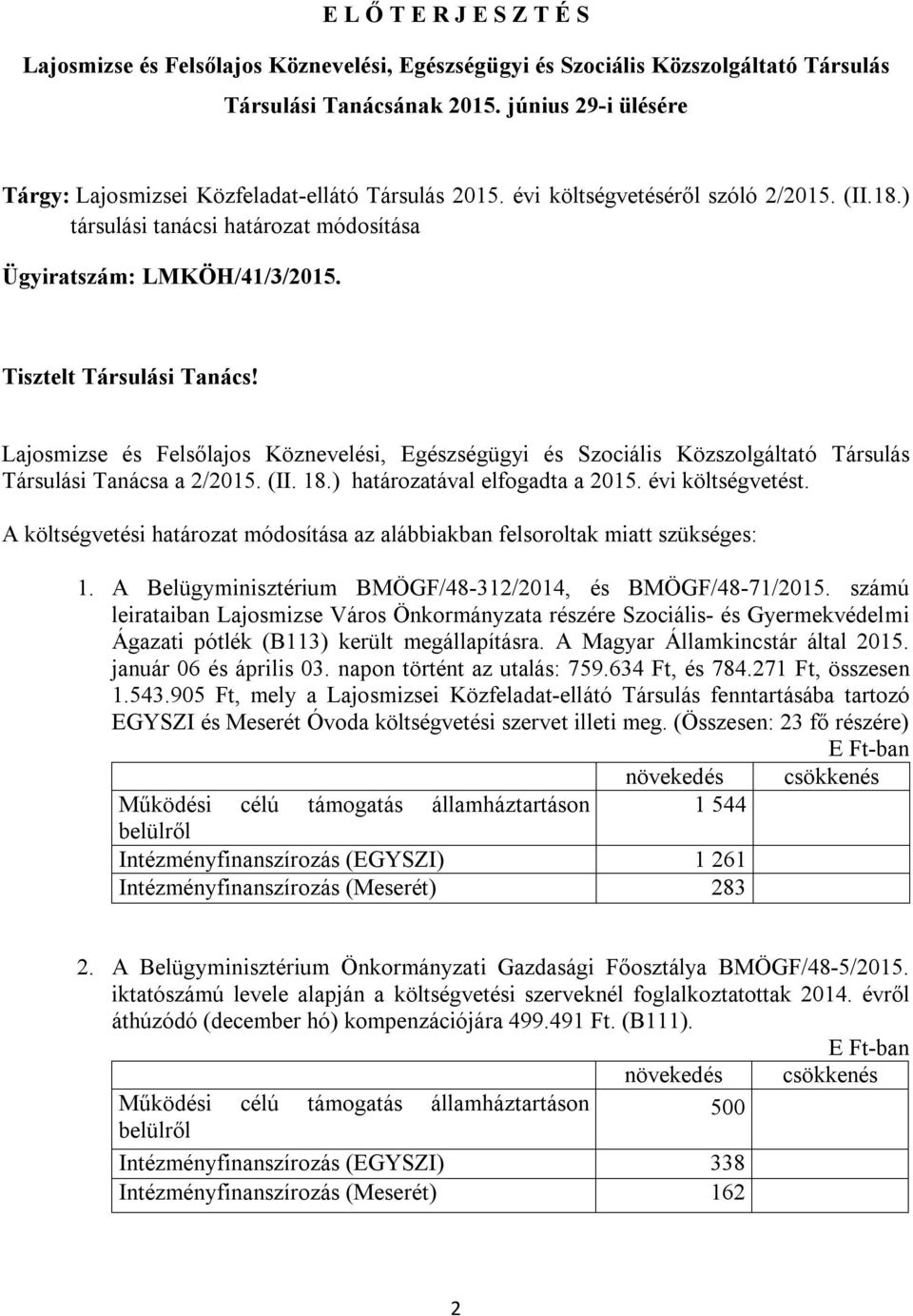 Tisztelt Társulási Tanács! Lajosmizse és Felsőlajos Köznevelési, Egészségügyi és Szociális Közszolgáltató Társulás Társulási Tanácsa a 2/2015. (II. 18.) határozatával elfogadta a 2015.