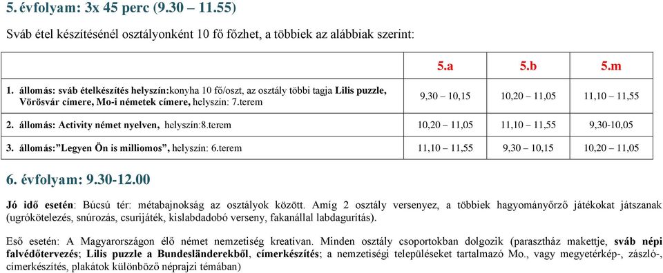 állomás: Activity német nyelven, helyszín:8.terem 10,20 11,05 11,10 11,55 9,30-10,05 3. állomás: Legyen Ön is milliomos, helyszín: 6.terem 11,10 11,55 9,30 10,15 10,20 11,05 6. évfolyam: 9.30-12.