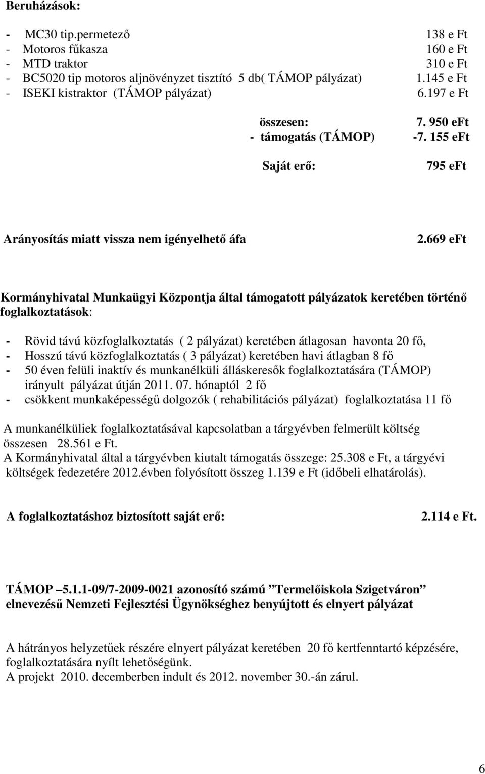 669 eft Kormányhivatal Munkaügyi Központja által támogatott pályázatok keretében történő foglalkoztatások: - Rövid távú közfoglalkoztatás ( 2 pályázat) keretében átlagosan havonta 20 fő, - Hosszú