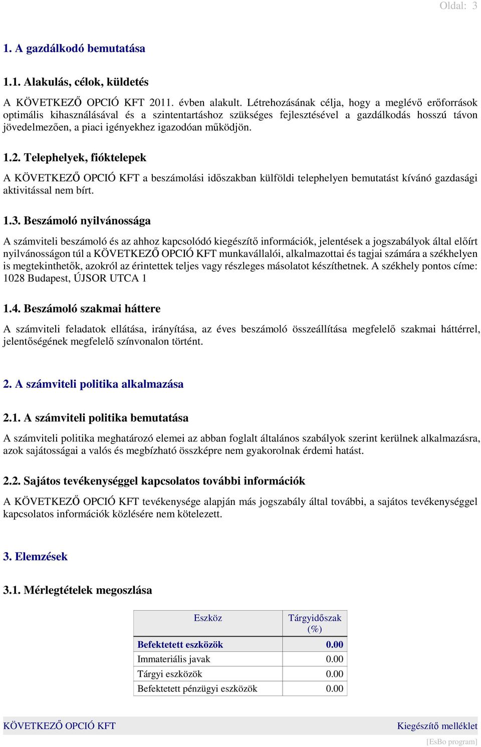 működjön. 1.2. Telephelyek, fióktelepek A a beszámolási időszakban külföldi telephelyen bemutatást kívánó gazdasági aktivitással nem bírt. 1.3.