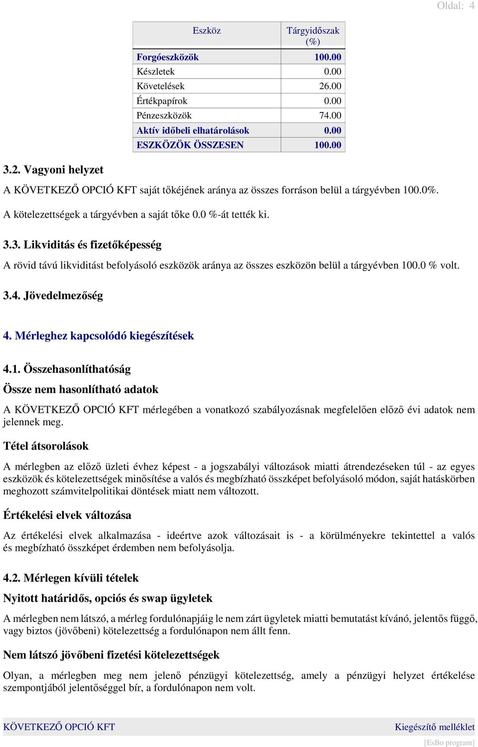 0 % volt. 3.4. Jövedelmezőség 4. Mérleghez kapcsolódó kiegészítések 4.1.