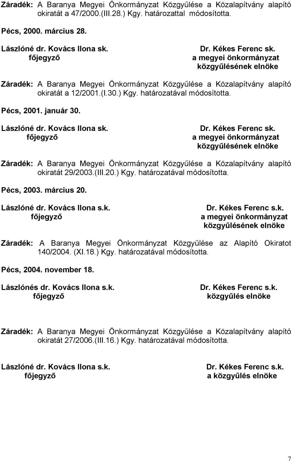 (XI.18.) Kgy. határozatával módosította. Pécs, 2004. november 18. Lászlónés dr. Kovács Ilona s.k. Dr. Kékes Ferenc s.k. közgyűlés elnöke okiratát 27/2006.(III.16.) Kgy. határozatával módosította. Dr. Kékes Ferenc s.k. a közgyűlés elnöke 7