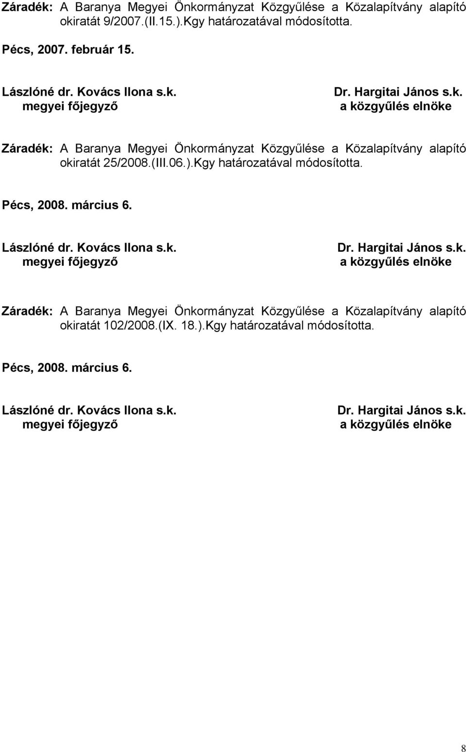 Pécs, 2008. március 6. megyei Dr. Hargitai János s.k. a közgyűlés elnöke okiratát 102/2008.(IX. 18.