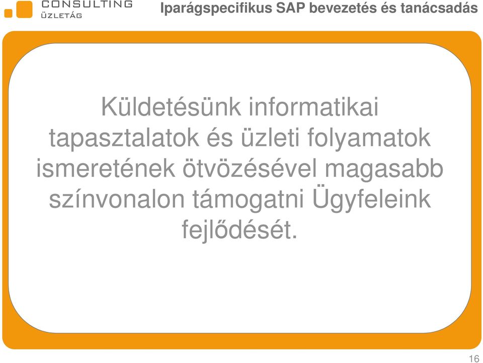 ismeretének ötvözésével magasabb Informatikai tanácsadás közép- és nagyvállalatoknak, állami intézményeknek színvonalon támogatni