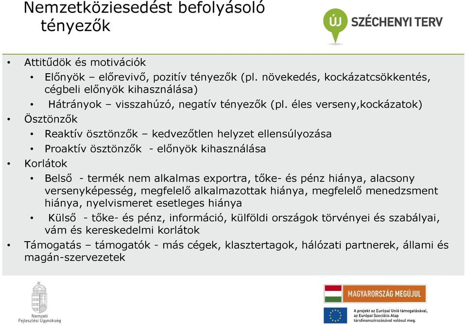 éles verseny,kockázatok) Ösztönzők Reaktív ösztönzők kedvezőtlen helyzet ellensúlyozása Proaktív ösztönzők - előnyök kihasználása Korlátok Belső -termék nem alkalmas exportra,