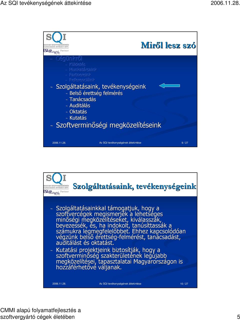 Az SQI tevékenységének áttekintése 9/ 27 Szolgáltat ~ Szolgáltat ltatásainkkal támogatjuk, t hogy a szoftvercégek megismerjék k a lehetséges minőségi megközel zelítéseket, kiválassz lasszák,