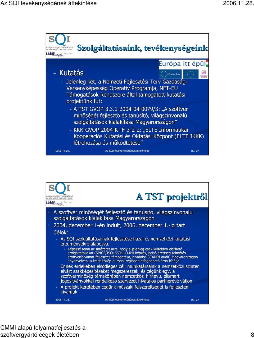 3.1 3.3.1-2004-04-0079/3: 0079/3: A A szoftver minőségét t fejlesztő és s tanúsító,, világsz gszínvonalú szolgáltat ltatások kialakítása Magyarországon gon ~ KKK-GVOP GVOP-2004-K+F-3-2-2: 2: ELTE