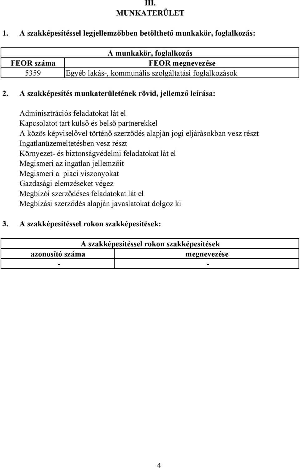 eljárásokban vesz részt Ingatlanüzemeltetésben vesz részt Környezet- és biztonságvédelmi feladatokat lát el Megismeri az ingatlan jellemzőit Megismeri a piaci viszonyokat Gazdasági elemzéseket