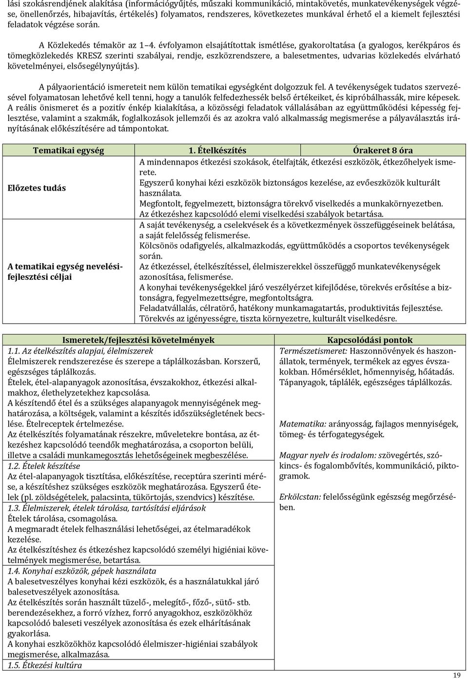 évfolyamon elsajátítottak ismétlése, gyakoroltatása (a gyalogos, kerékpáros és tömegközlekedés KRESZ szerinti szabályai, rendje, eszközrendszere, a balesetmentes, udvarias közlekedés elvárható