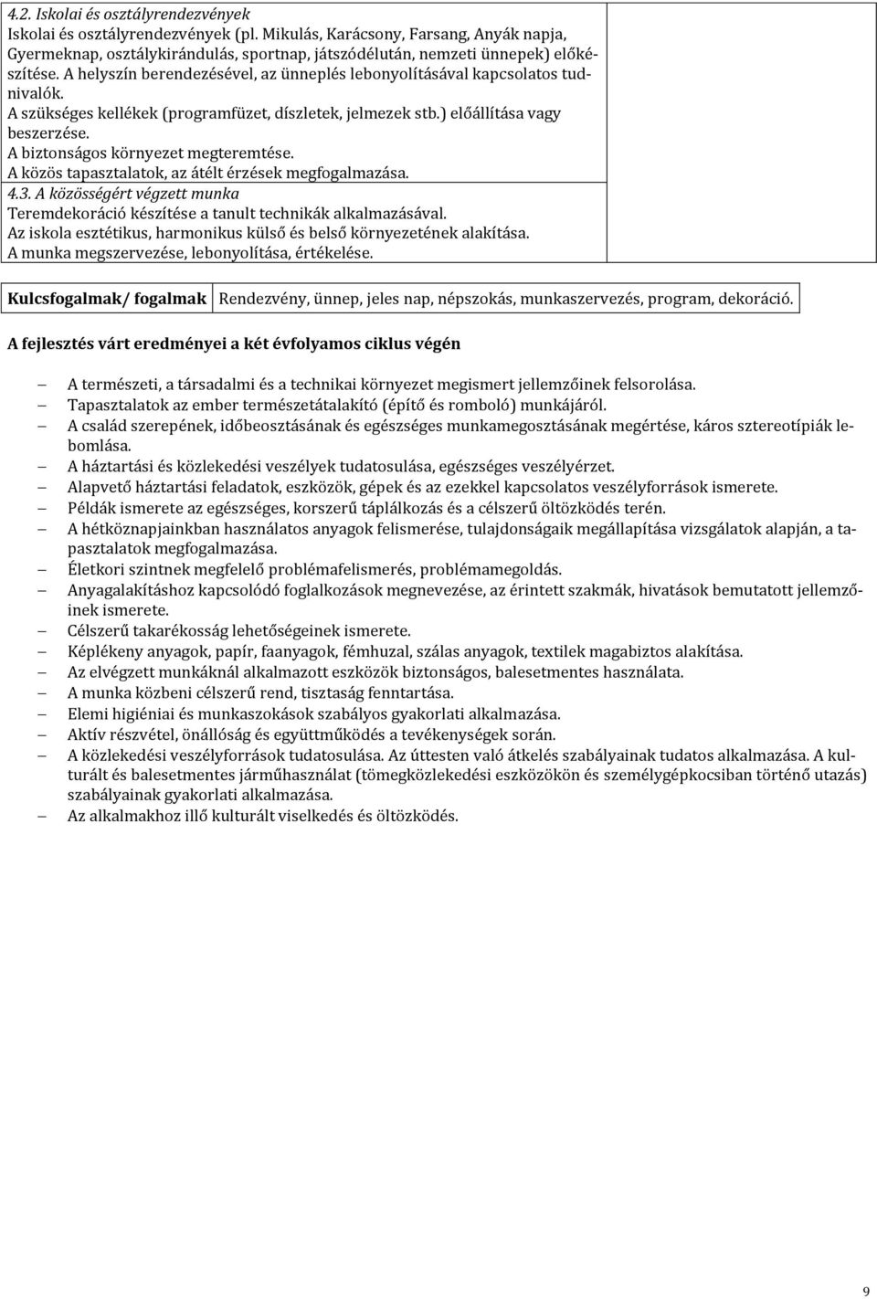 A biztonságos környezet megteremtése. A közös tapasztalatok, az átélt érzések megfogalmazása. 4.3. A közösségért végzett munka Teremdekoráció készítése a tanult technikák alkalmazásával.