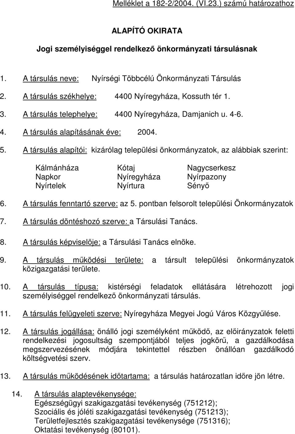 A társulás alapítói: kizárólag települési önkormányzatok, az alábbiak szerint: Kálmánháza Kótaj Nagycserkesz Napkor Nyíregyháza Nyírpazony Nyírtelek Nyírtura Sényő 6.