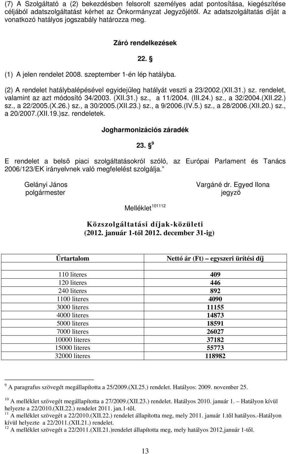 (2) A rendelet hatálybalépésével egyidejőleg hatályát veszti a 23/2002.(XII.31.) sz. rendelet, valamint az azt módosító 34/2003. (XII.31.) sz., a 11/2004. (III.24.) sz., a 32/2004.(XII.22.) sz., a 22/2005.