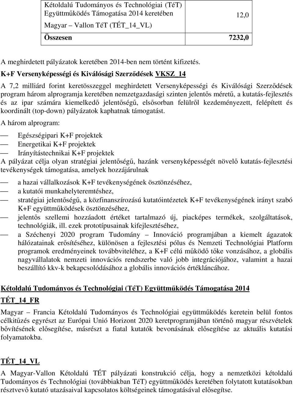 K+F Versenyképességi és Kiválósági Szerződések VKSZ_14 A 7,2 milliárd forint keretösszeggel meghirdetett Versenyképességi és Kiválósági Szerződések program három alprogramja keretében nemzetgazdasági