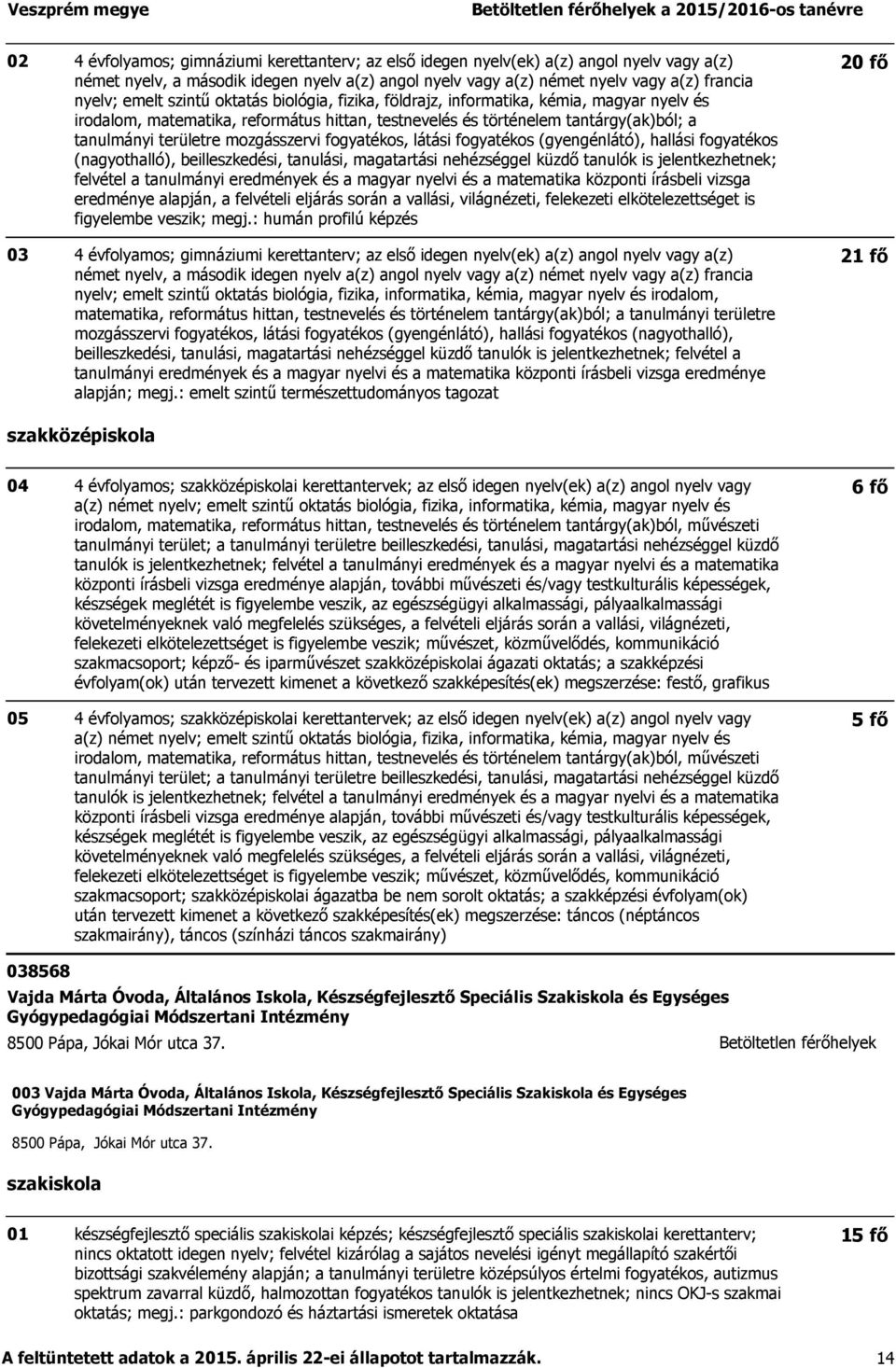 területre mozgásszervi fogyatékos, látási fogyatékos (gyengénlátó), hallási fogyatékos (nagyothalló), beilleszkedési, tanulási, magatartási nehézséggel küzdő tanulók is jelentkezhetnek; felvétel a