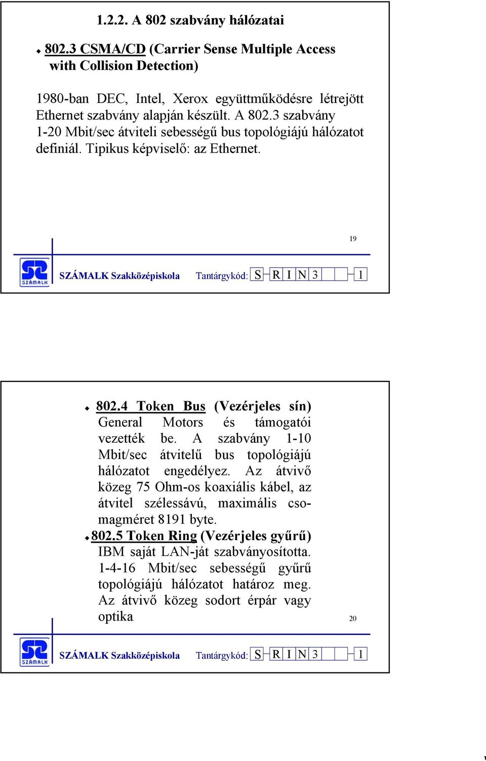 3 szabvány 1-20 Mbit/sec átviteli sebességű bus topológiájú hálózatot definiál. Tipikus képviselő: az Ethernet. 19 802.