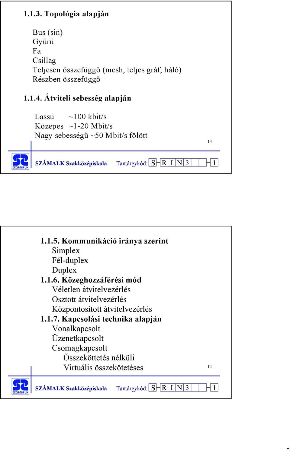 Mbit/s fölött 13 1.1.5. Kommunikáció iránya szerint Simplex Fél-duplex Duplex 1.1.6.