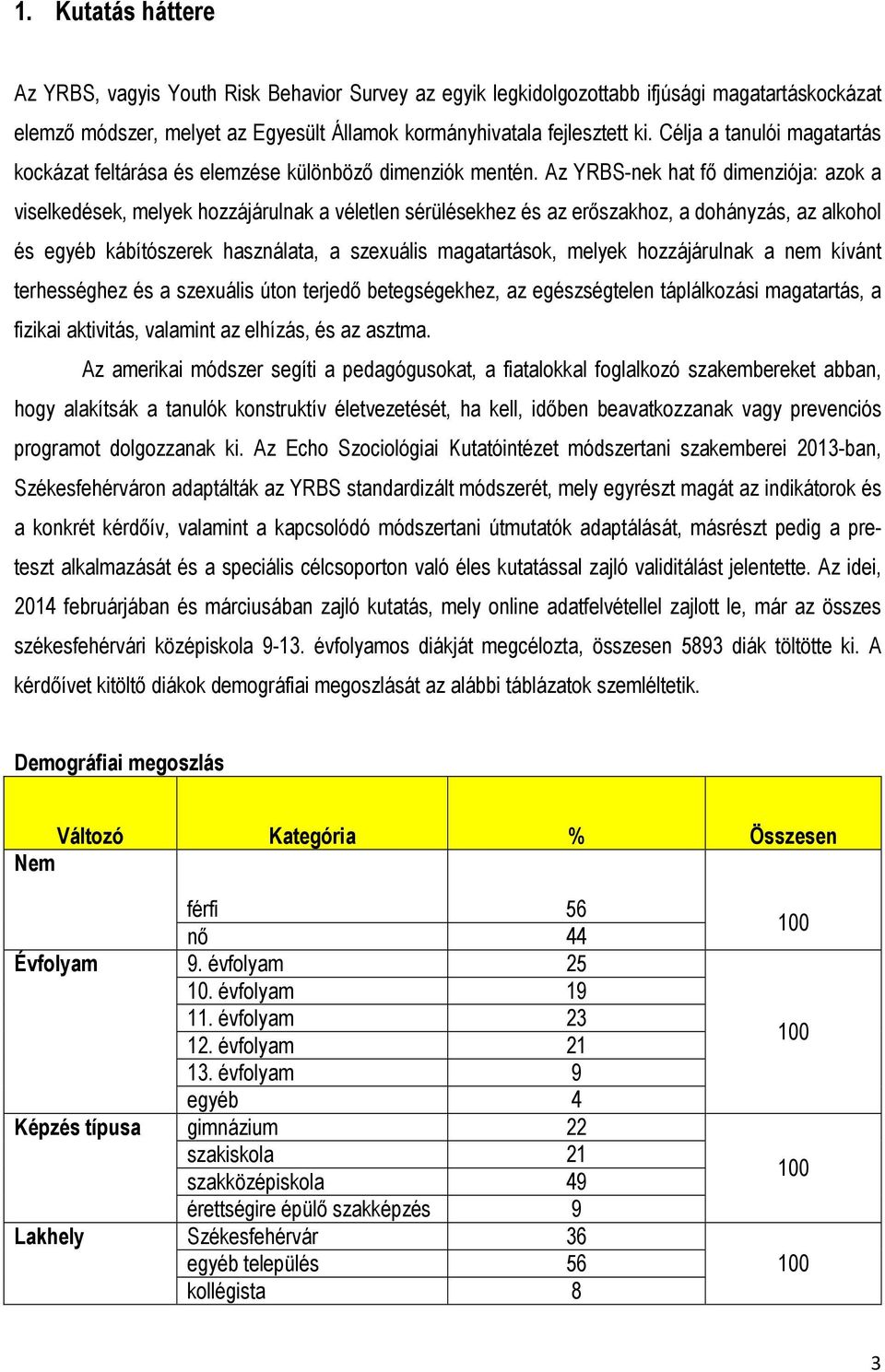 Az YRBS-nek hat fő dimenziója: azok a viselkedések, melyek hozzájárulnak a véletlen sérülésekhez és az erőszakhoz, a dohányzás, az alkohol és egyéb kábítószerek használata, a szexuális magatartások,