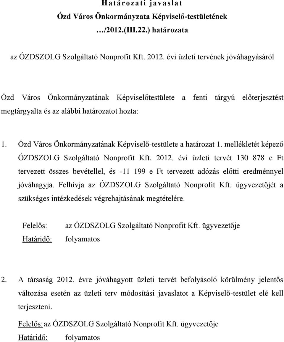 Ózd Város Önkormányzatának Képviselő-testülete a határozat 1. mellékletét képező ÓZDSZOLG Szolgáltató Nonprofit Kft. 2012.