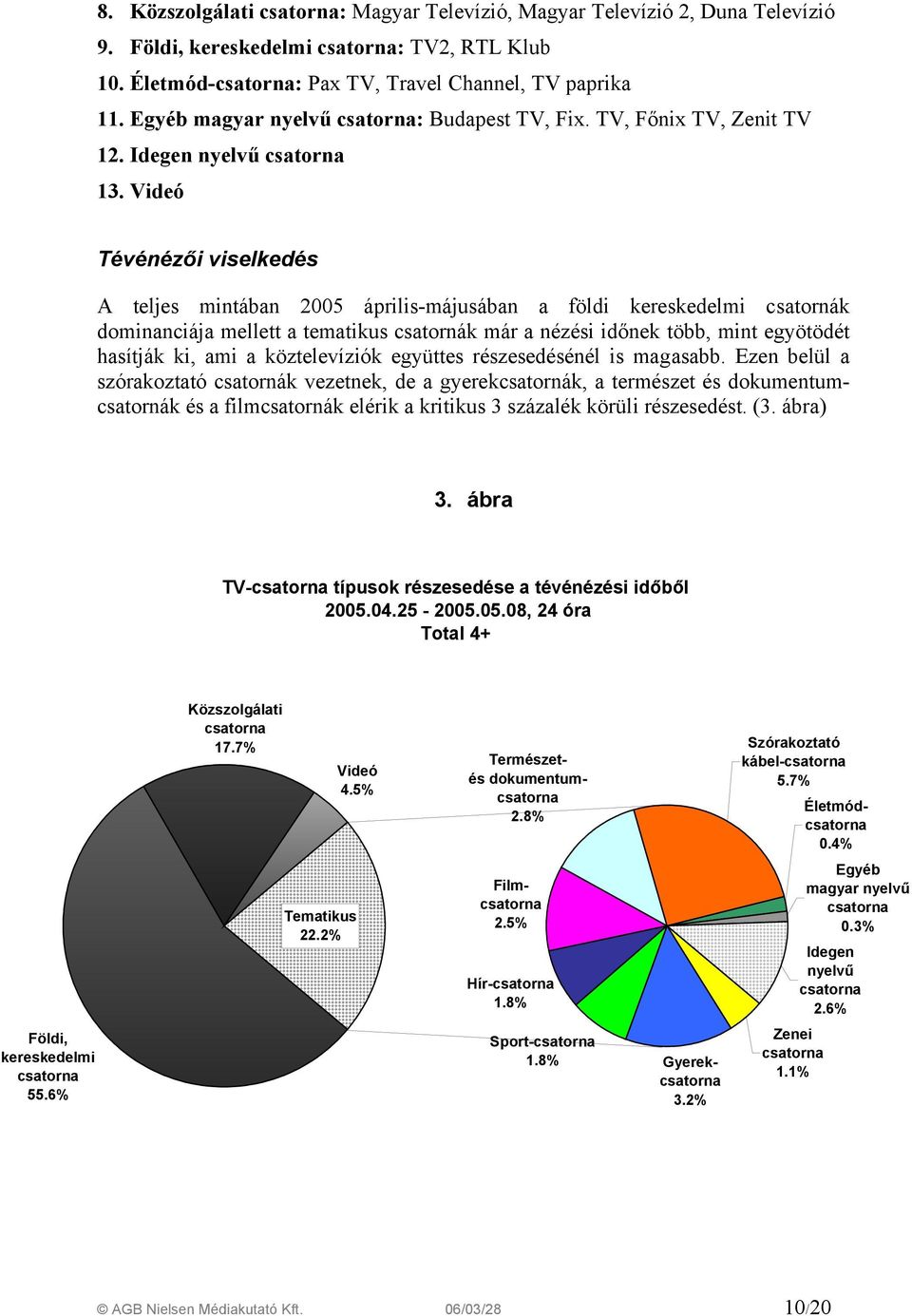 Videó Tévénézői viselkedés A teljes mintában 2005 április-májusában a földi kereskedelmi csatornák dominanciája mellett a tematikus csatornák már a nézési időnek több, mint egyötödét hasítják ki, ami