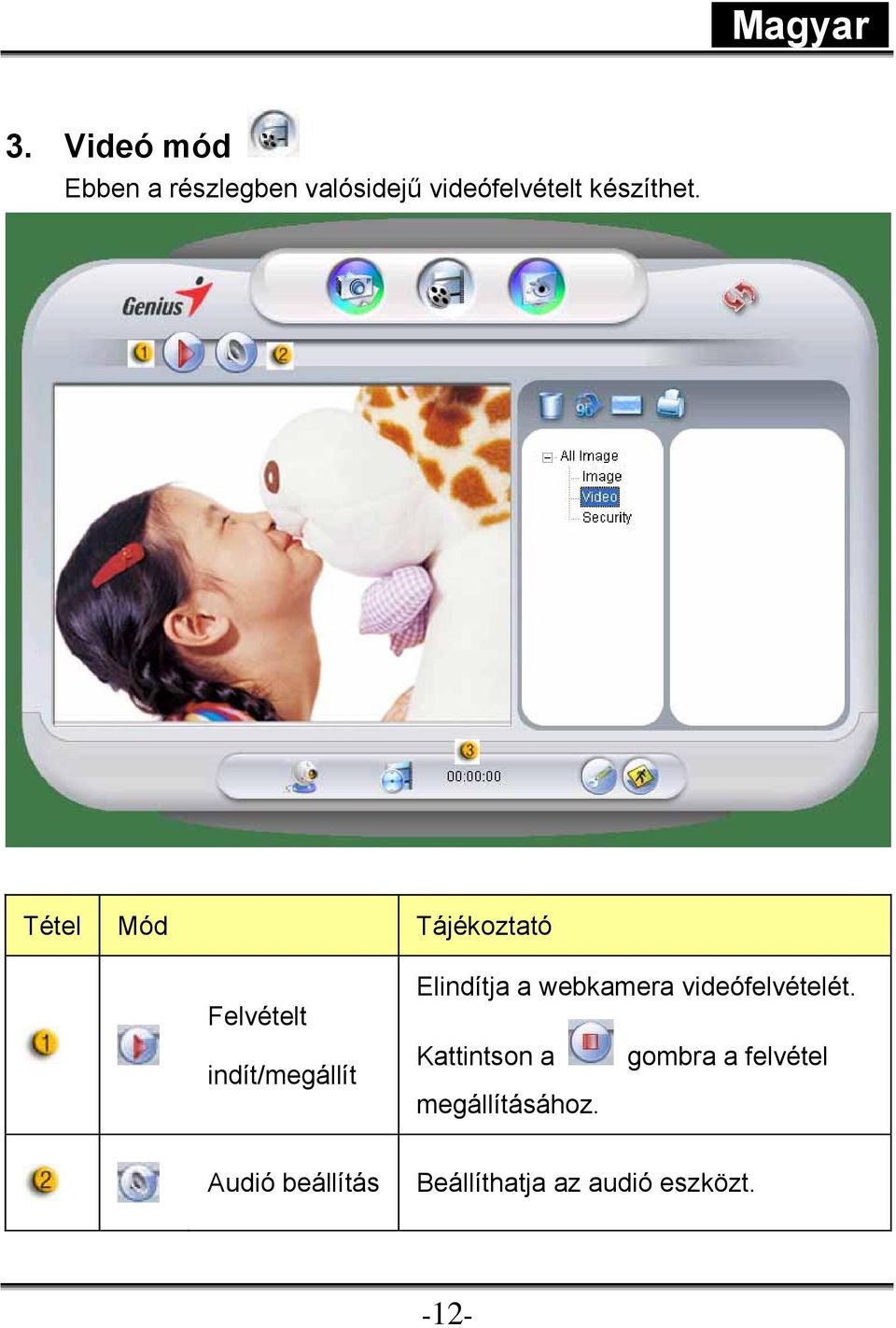 Tétel Mód Tájékoztató Felvételt indít/megállít Elindítja a