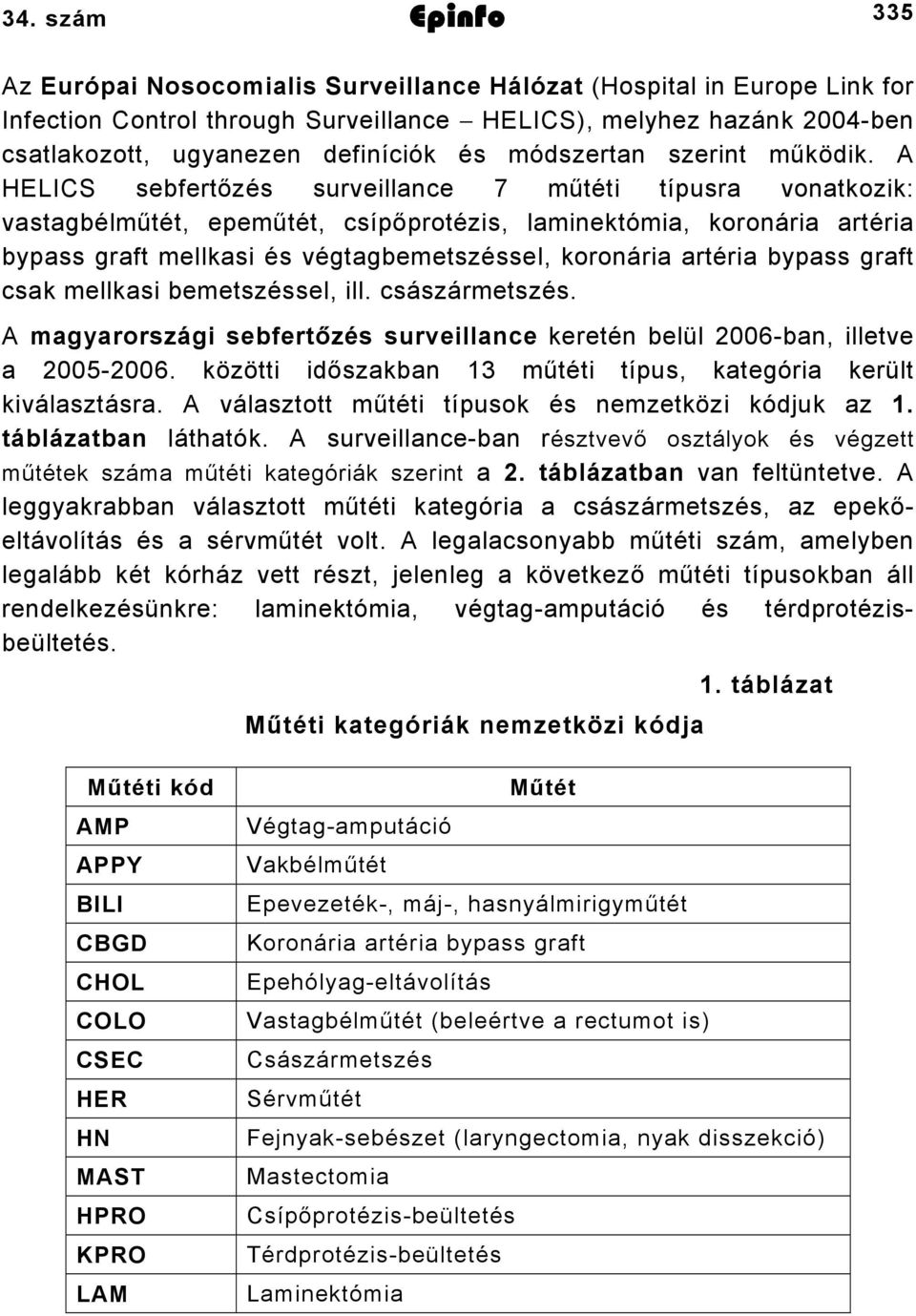 A HELICS sebfertőzés surveillance 7 műtéti típusra vonatkozik: vastagbélműtét, epeműtét, csípőprotézis, laminektómia, koronária artéria bypass graft mellkasi és végtagbemetszéssel, koronária artéria