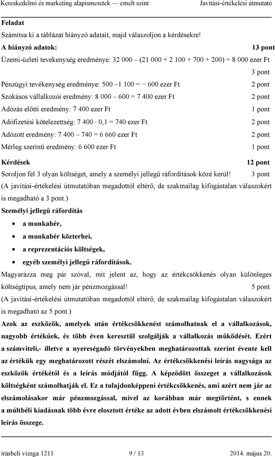 eredmény: 8 000 600 = 7 400 ezer Ft Adózás előtti eredmény: 7 400 ezer Ft Adófizetési kötelezettség: 7 400 0,1 = 740 ezer Ft Adózott eredmény: 7 400 740 = 6 660 ezer Ft Mérleg szerinti eredmény: 6