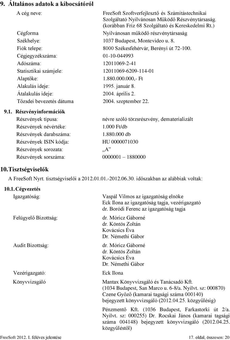 Cégjegyzékszáma: 01-10-044993 Adószáma: 12011069-2-41 Statisztikai számjele: 12011069-6209-114-01 Alaptőke: 1.880.000.000,- Ft Alakulás ideje: 1995. január 8. Átalakulás ideje: 2004. április 2.