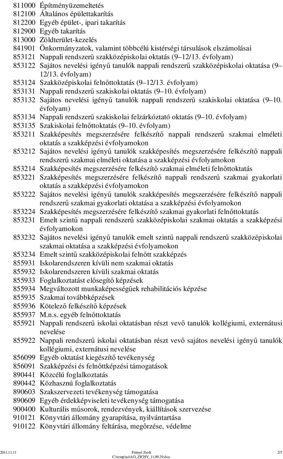 évfolyam) 853124 Szakközépiskolai felnőttoktatás (9 12/13. évfolyam) 853131 Nappali rendszerű szakiskolai oktatás (9 10.