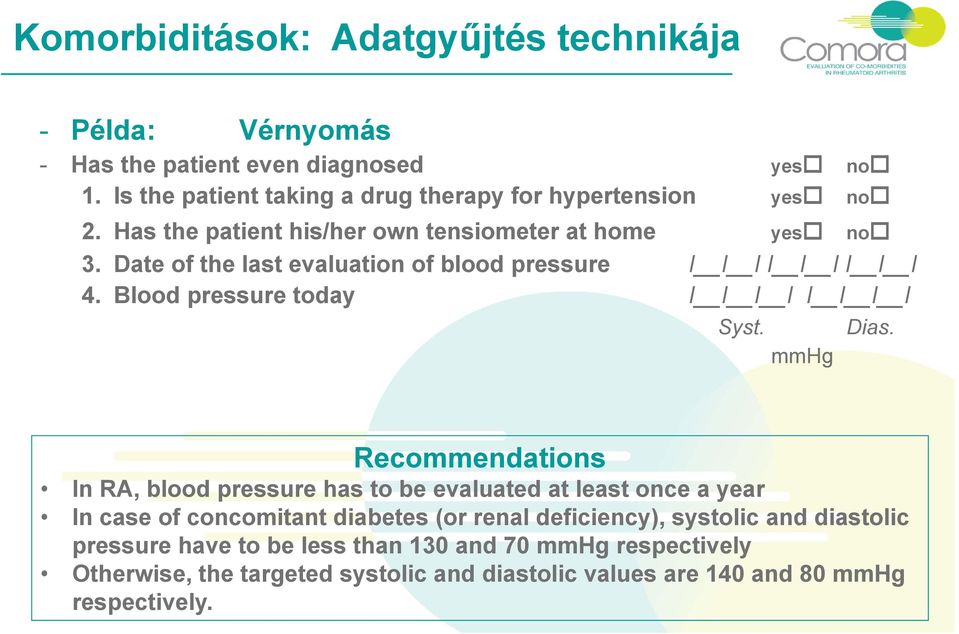 Date of the last evaluation of blood pressure I I I I I I I I I 4. Blood pressure today I I I I I I I I Syst. mmhg Dias.