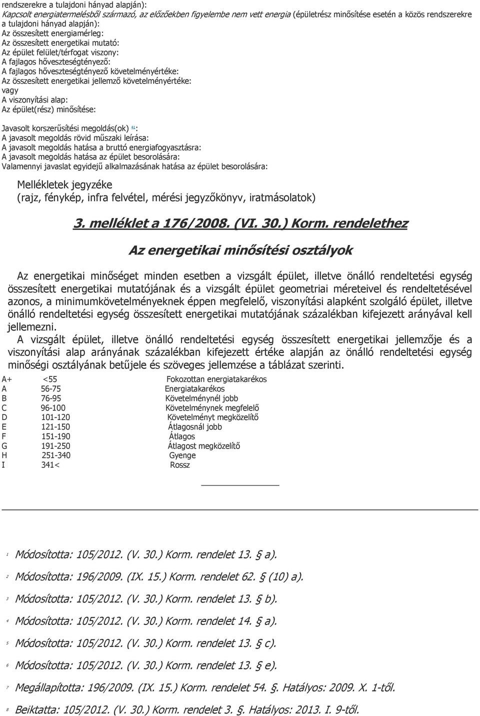 összesített energetikai jellemző követelményértéke: vagy A viszonyítási alap: Az épület(rész) minősítése: Javasolt korszerűsítési megoldás(ok) 41 : A javasolt megoldás rövid műszaki leírása: A