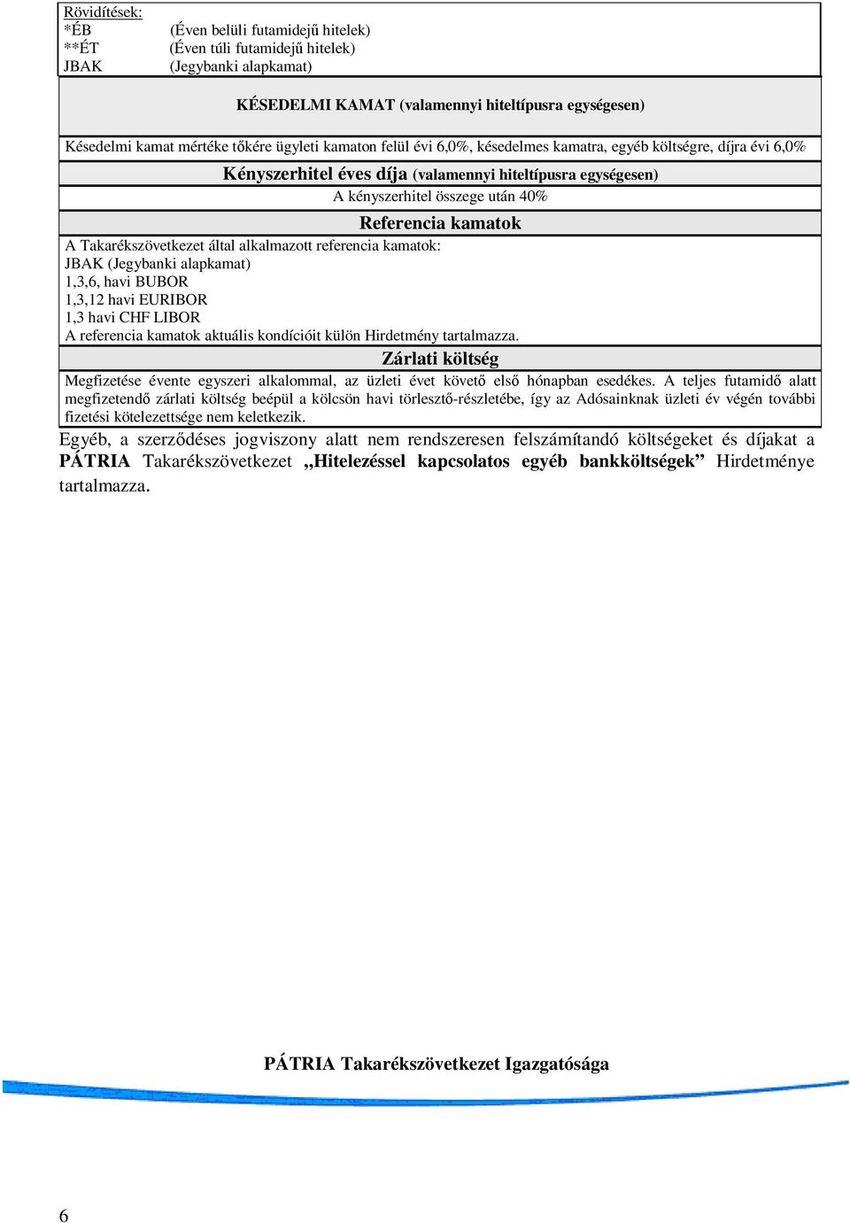 Takarékszövetkezet által alkalmazott referencia kamatok: JBAK (Jegybanki alapkamat) 1,3,6, havi BUBOR 1,3,12 havi EURIBOR 1,3 havi CHF LIBOR A referencia kamatok aktuális kondícióit külön Hirdetmény