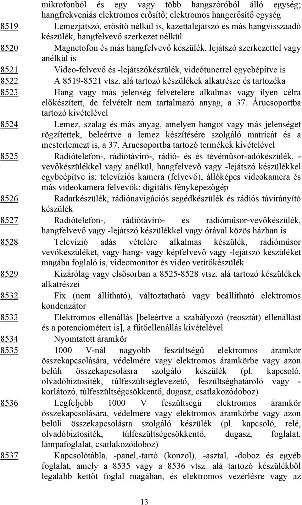 8519-8521 vtsz. alá tartozó készülékek alkatrésze és tartozéka 8523 Hang vagy más jelenség felvételére alkalmas vagy ilyen célra előkészített, de felvételt nem tartalmazó anyag, a 37.