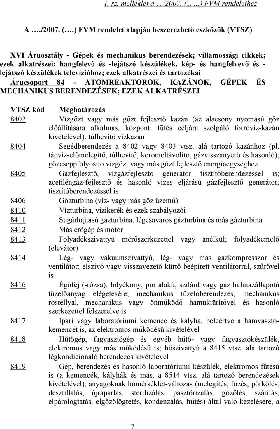 ) FVM rendelet alapján beszerezhető eszközök (VTSZ) XVI Áruosztály - Gépek és mechanikus berendezések; villamossági cikkek; ezek alkatrészei; hangfelevő és -lejátszó készülékek, kép- és hangfelvevő